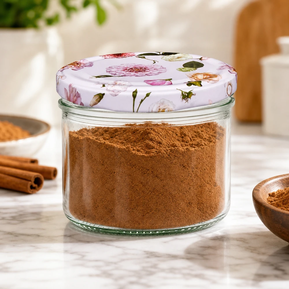 Cilindrische pot 230 ml + deksel BasicSeal roze bloem Voorraadpot 230ml met roze bloemdeksel gevuld met kaneel - kruiden bewaren in de keuken met kaneelstokjes