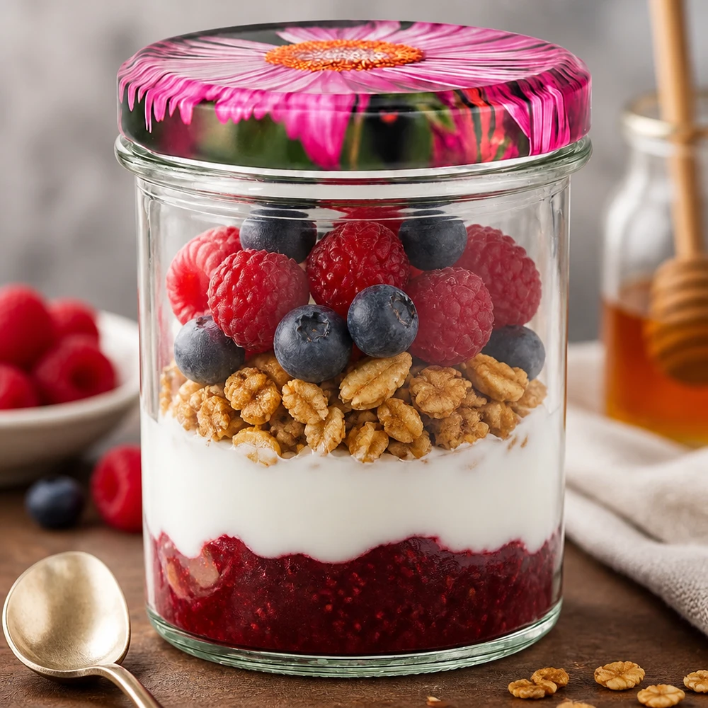 350ml bekers met BasicSeal deksel Bloemen decor UNiTWIST 350ml bekers met gerberadeksel als dessertglas met yoghurt bessen noten gelaagd dessert op een houten tafel