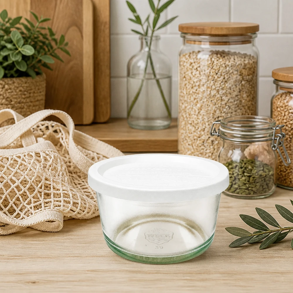 WECK gourmetpot 165ml RR80 met wit deksel in duurzame keuken met voorraadpotten en natuurlijke vezels