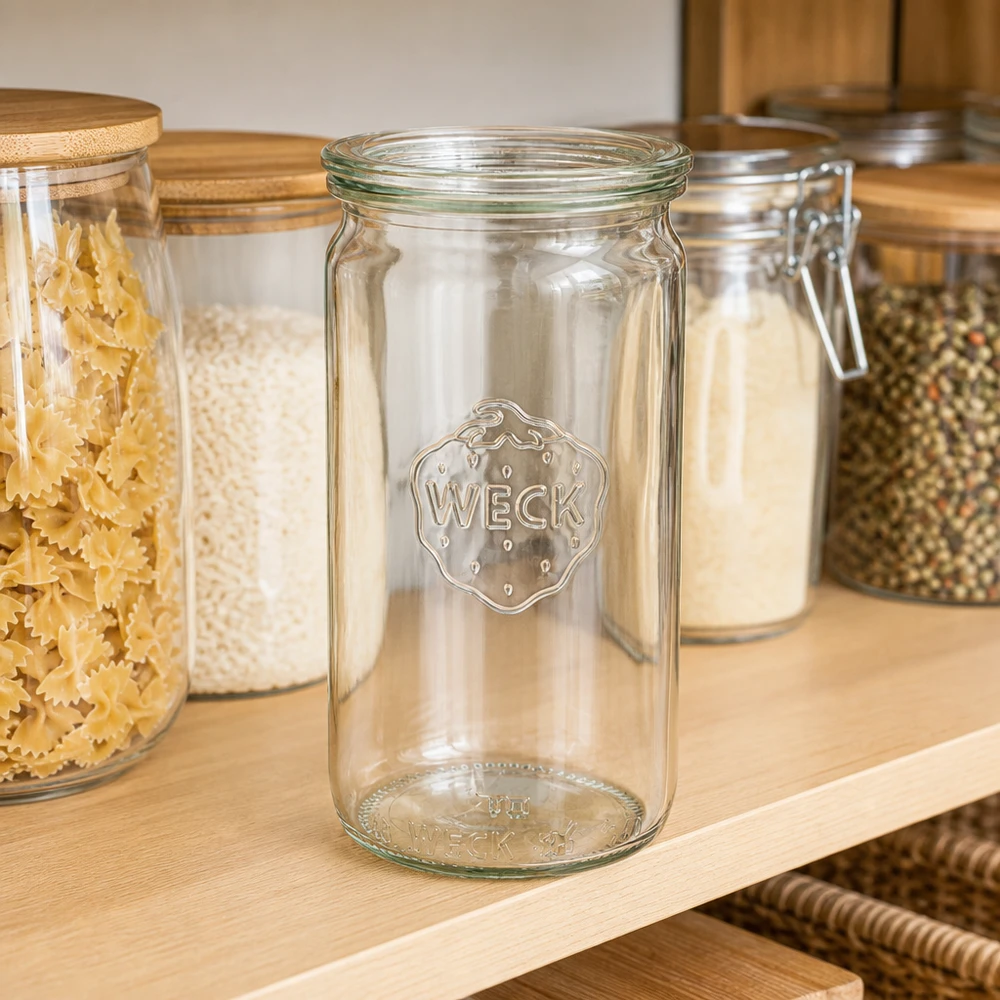 340ml cilinderglas met glazen deksel WECK RR60 WECK cilinderpot 340ml RR60 leeg op voorraadplank naast potten gevuld met pasta en kruiden Keukenorganisatie