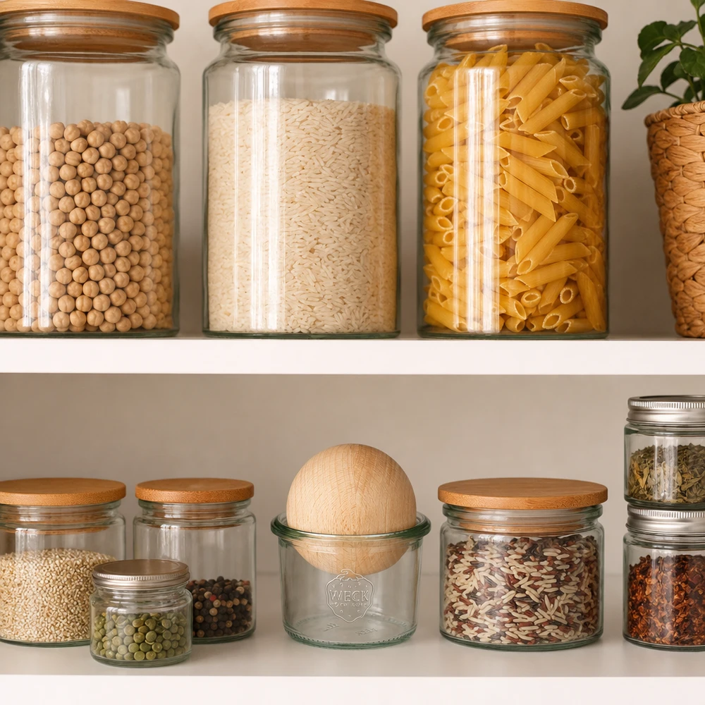 WECK 80ml RR60 trommels met houten bal in een georganiseerde voorraadkast tussen pasta, rijst en kruiden