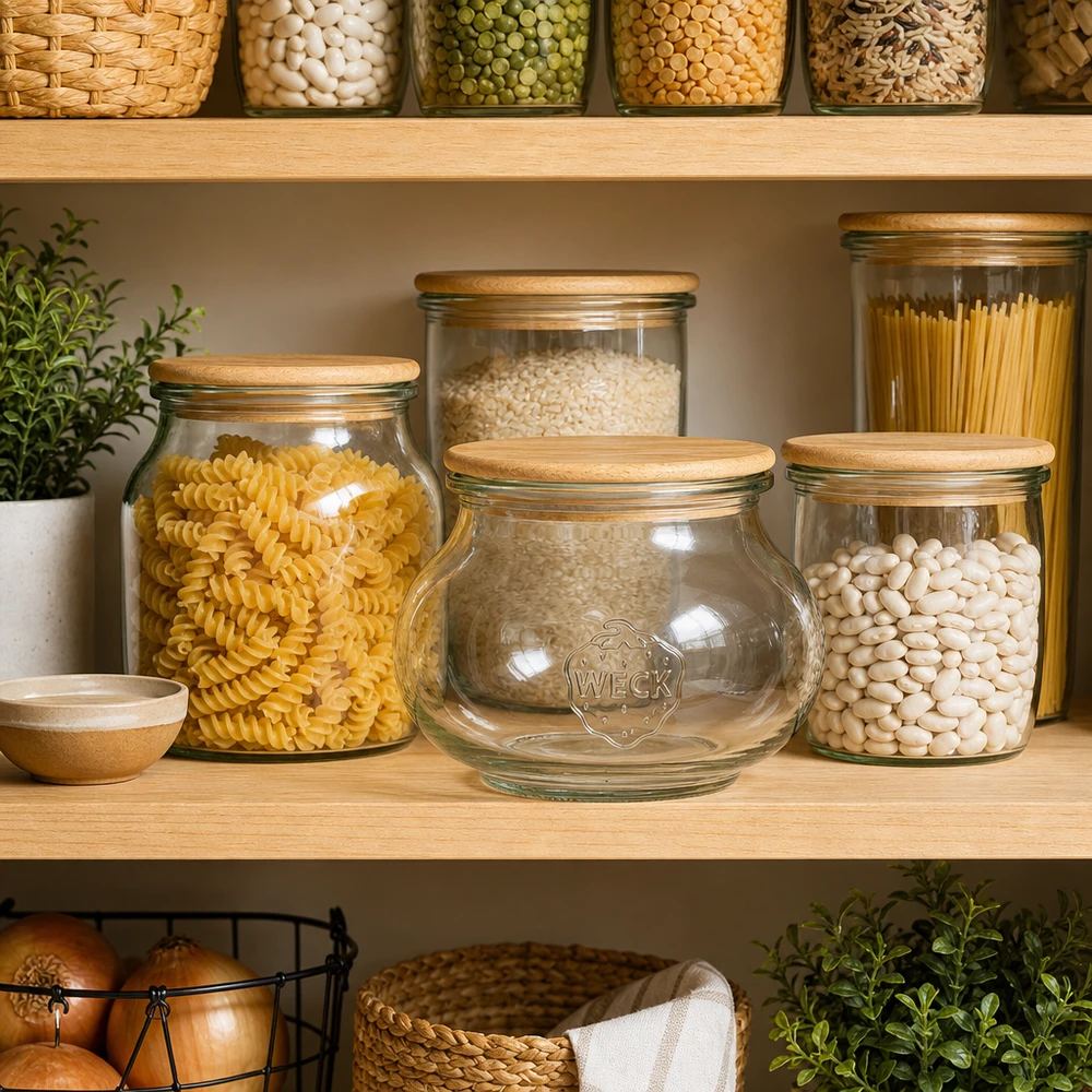 WECK pot 560ml RR80 met eiken deksel in georganiseerde voorraadkast naast pasta en bonen op houten plank