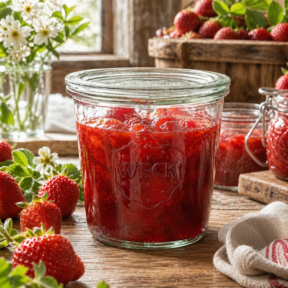 WECK RR100 glazen pot van 580 ml met glazen deksel WECK inmaakpot 580ml gevuld met aardbeienjam in rustieke keuken met verse aardbeien en bloemen