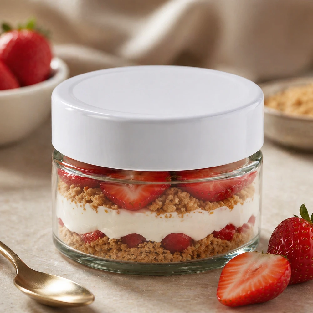 130ml rond glas met BasicSeal deksel wit UNiTWIST 130ml BasicSeal witte ronde pot gevuld met aardbeien dessert gelaagd dessert - glazen pot voor zoete desserts