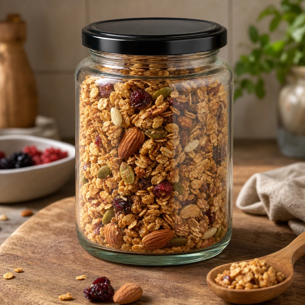 382ml rond glas met BasicSeal deksel zwart UNiTWIST 382ml ronde pot BasicSeal zwart gevuld met muesli noten gedroogd fruit voorraadpot keuken