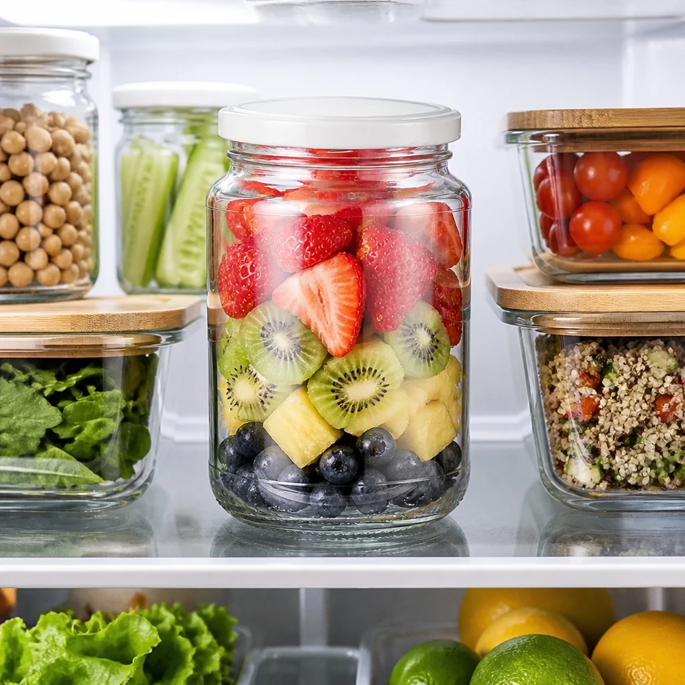 Compacte UNiTWIST-inmaakpot van 320 ml met een wit BasicSeal-deksel voor vers fruit en groenten
