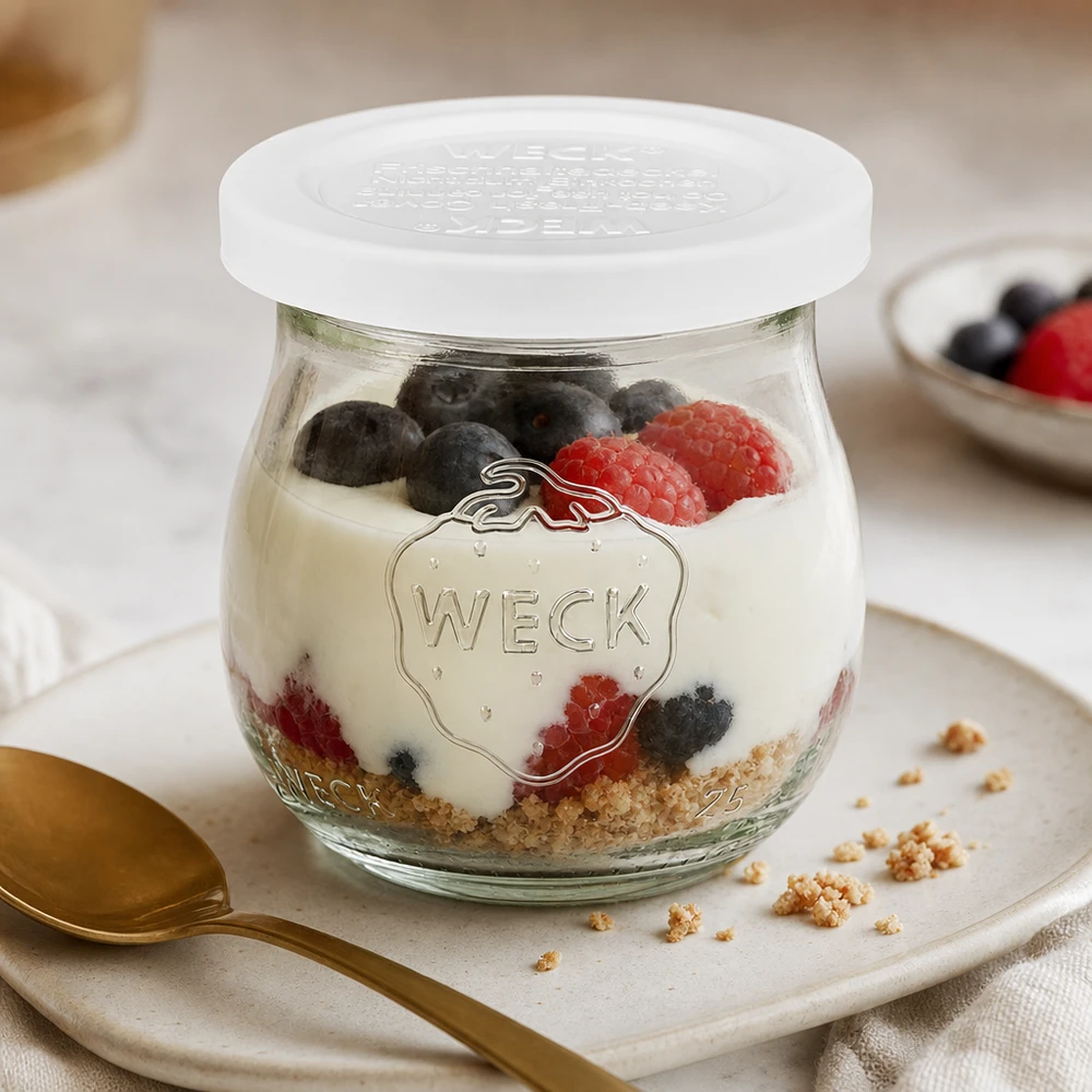 WECK tulp pot 75ml RR40 met yoghurt bessen en granola als dessert op wit bord met gouden lepel