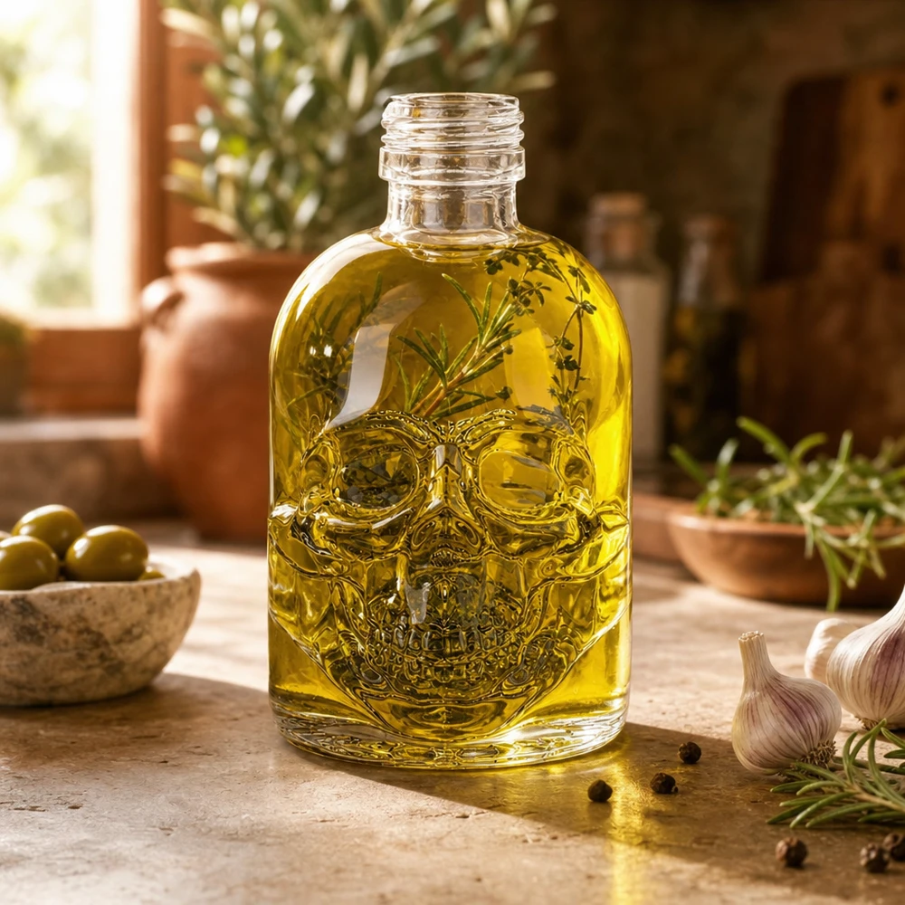 50 ml glazen fles Hector zonder schroefsluiting UNiTWIST® 50ml schedel glazen fles Hector gevuld met kruidenolie Mediterrane keuken olijfolie decoratie UNiTWIST