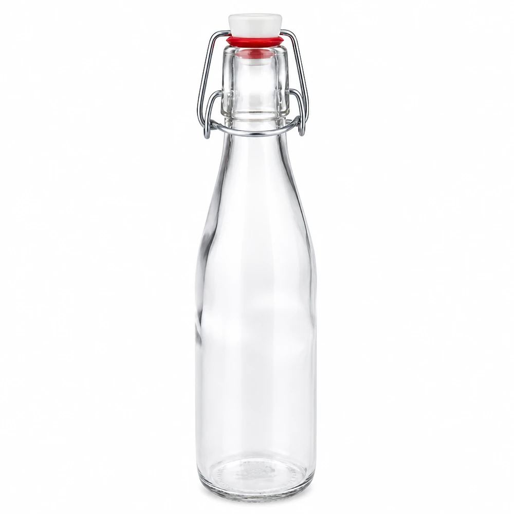 Glazen fles van 250 ml + zwenktop porseleinen UN... 250ml glazen fles met draaidop en witte porseleinen dop, lege transparante fles voor drankjes