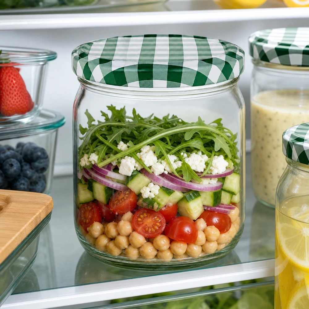 425 ml ronde pot BasicSeal groen en wit geblokt met gelaagde salade van kikkererwten, tomaten en komkommer in de koelkast