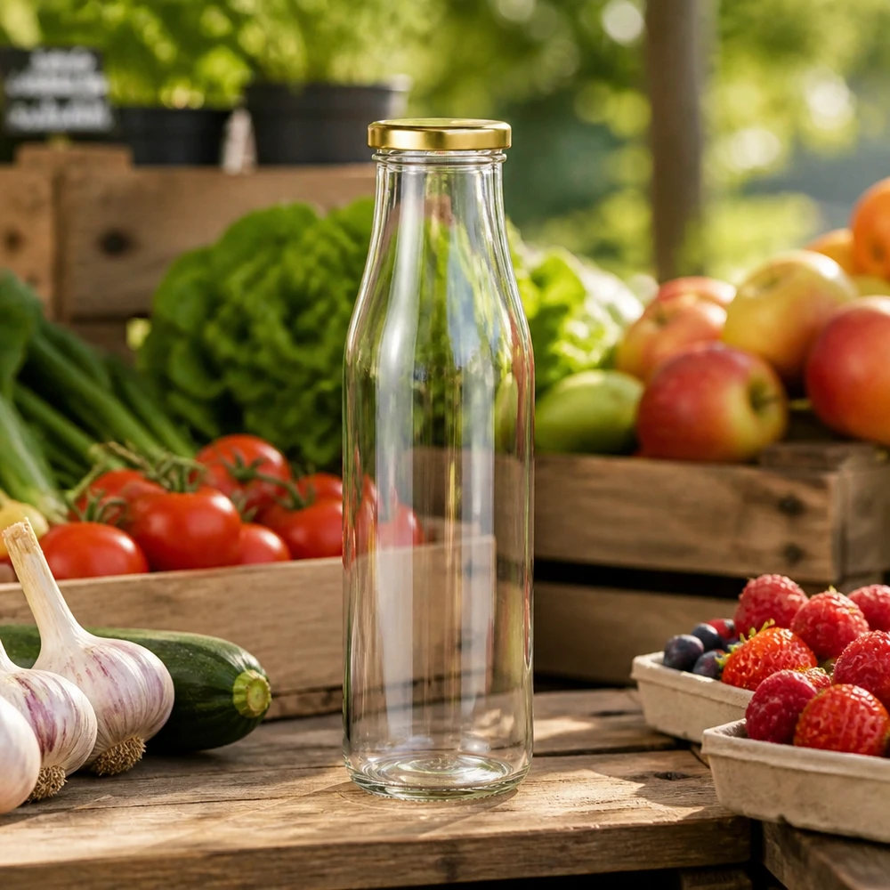 500ml glazen fles leeg BasicSeal deksel goud tussen vers fruit groenten op houten tafel marktkraam sfeer