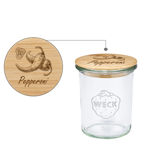 Houten dekselset "Pepperoni" met WECK weckpot 160ml Houten dekselset "Pepperoni" met WECK weckpot 160ml