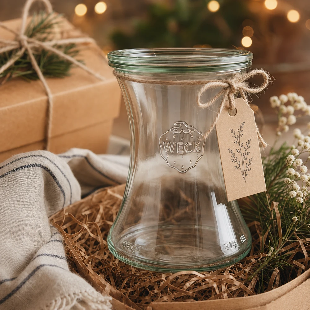Delikatessenpot van 370 ml met glazen deksel WECK RR80 WECK delicatessenpot 370ml RR80 als geschenk met kraftpapier label in rustieke kerstdecoratie