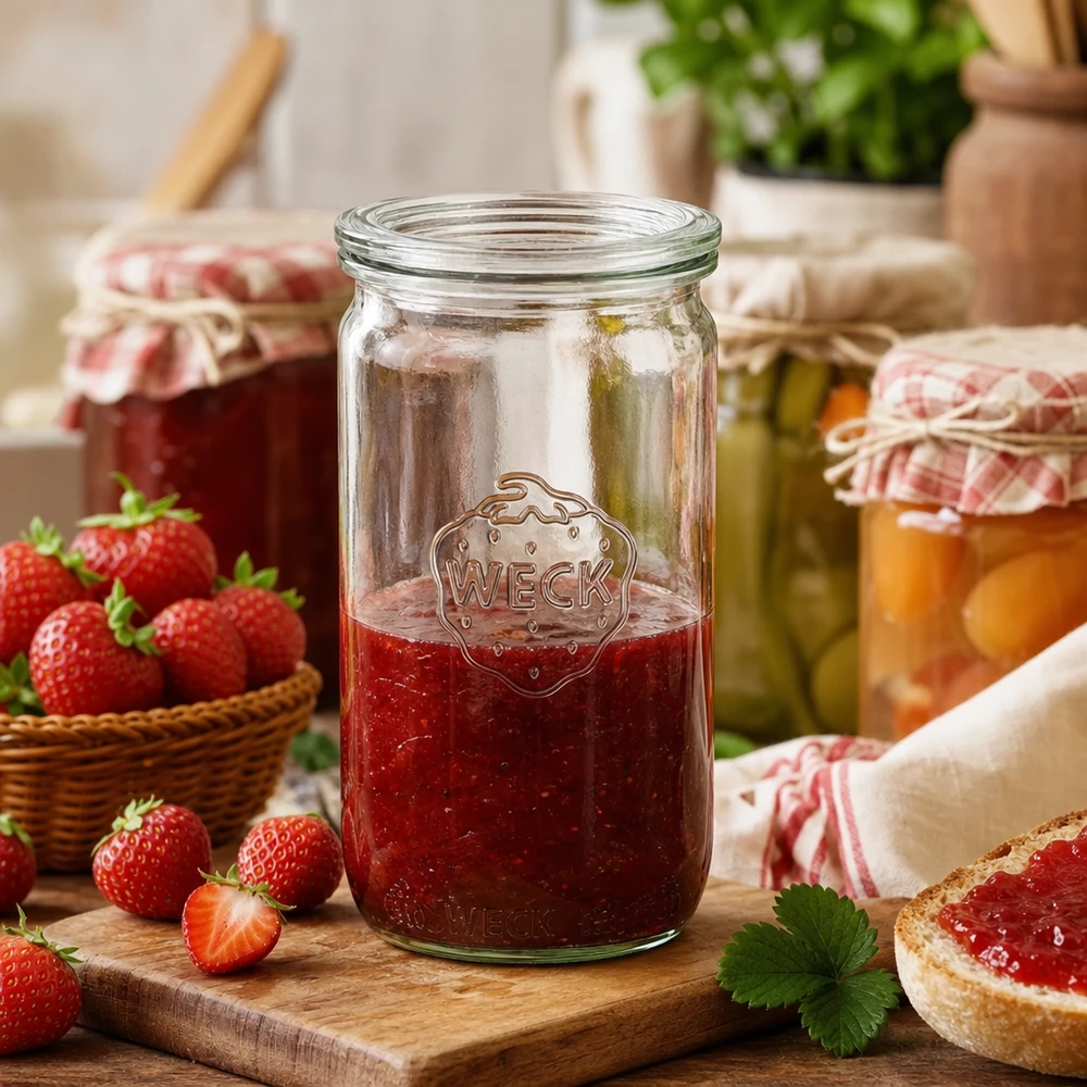 340ml cilinderglas met glazen deksel WECK RR60 WECK 340 ml cilindervormige pot RR60 gevuld met aardbeienjam in een rustieke keuken met verse aardbeien en brood