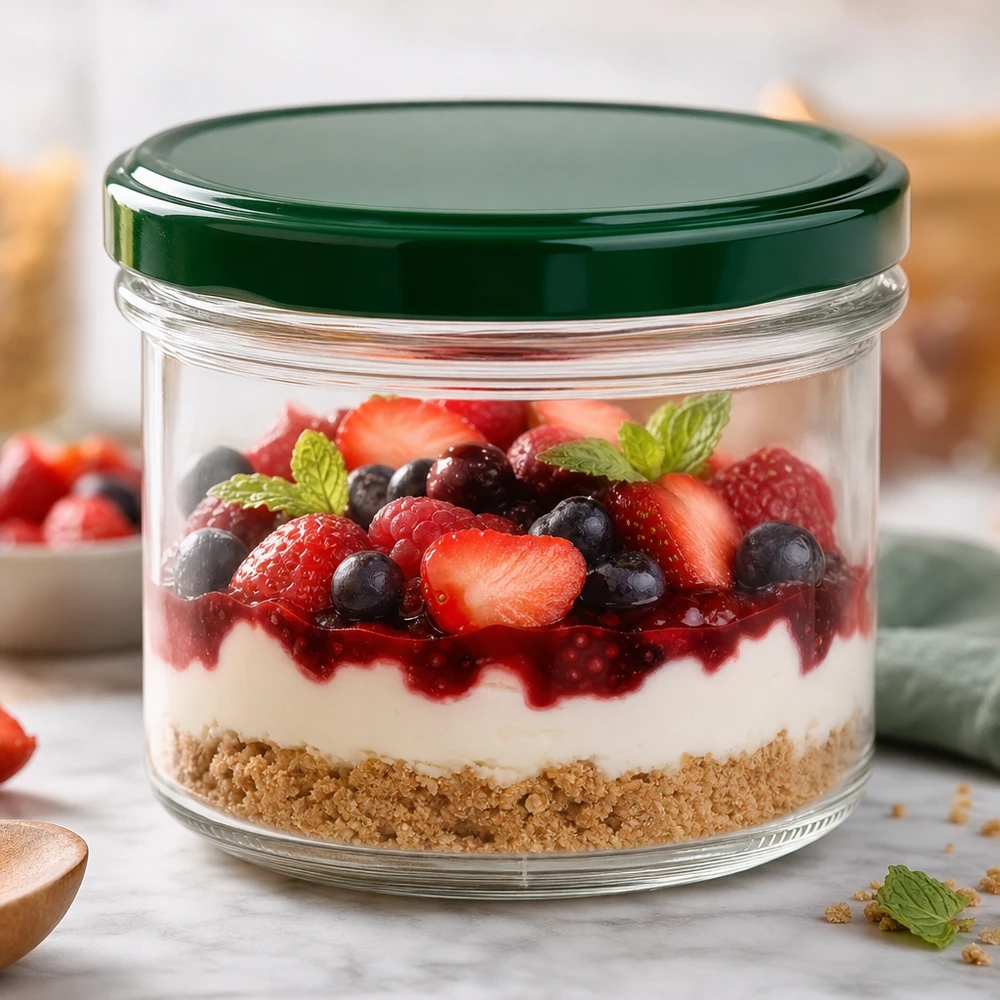 225ml glazen pot groen BasicSeal deksel gevuld met dessertbessen mascarpone perfect voor desserts