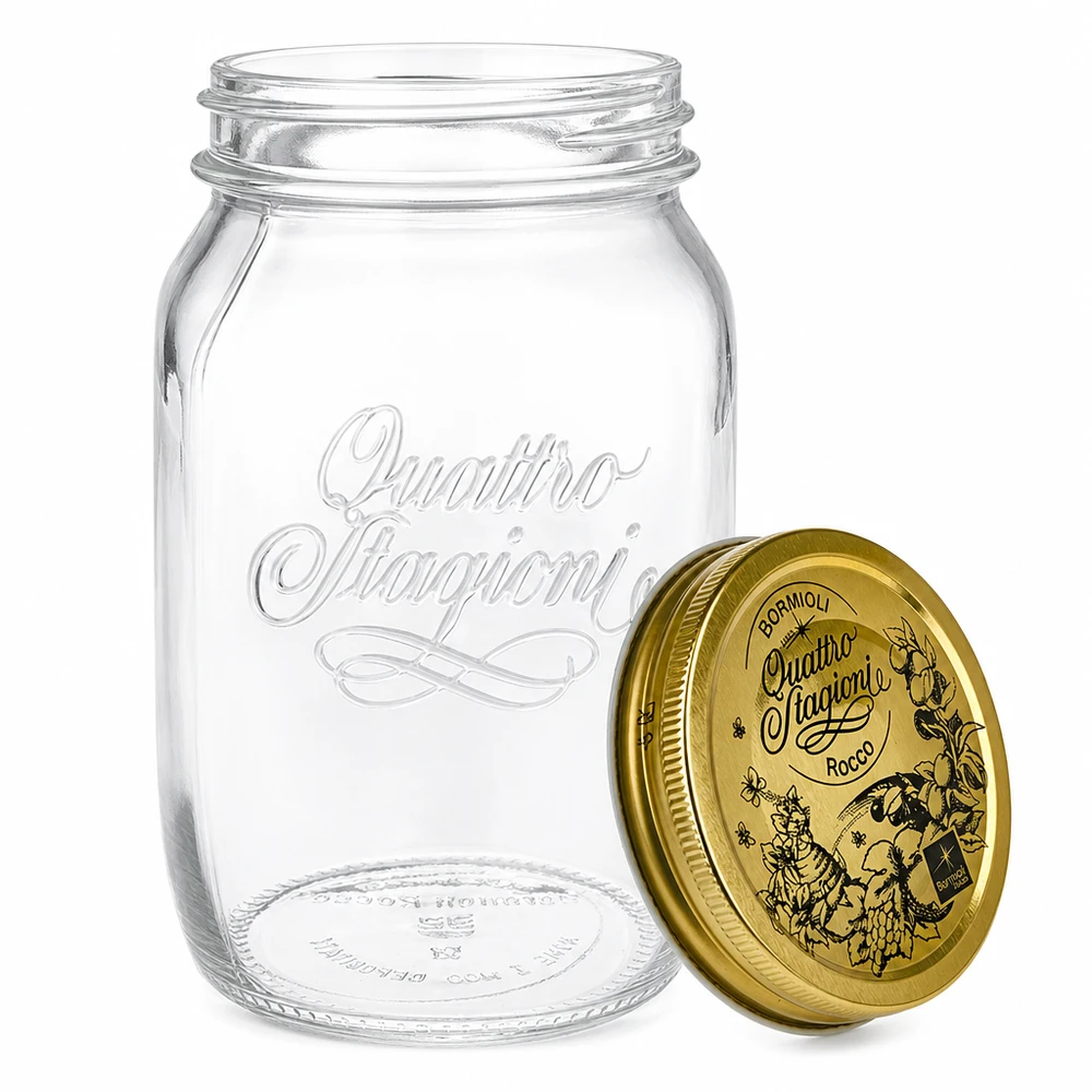 1000 ml rond glas "Quattro Stagioni" met deksel Quattro Stagioni inmaakpot 1000ml met afneembaar deksel detailweergave Italiaanse inmaakpot