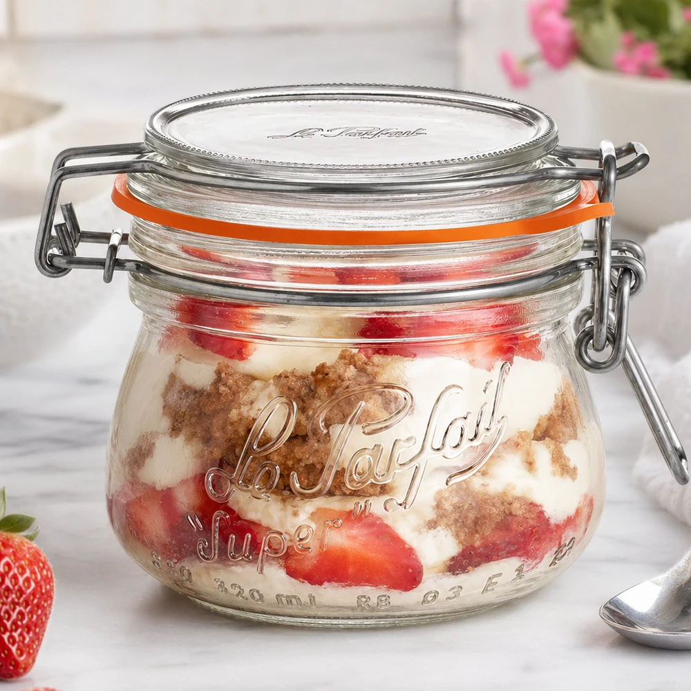 Le Parfait® pot 250 ml Ø70 mm voorraad 250 ml Le Parfait Super voorraadpot met draaidop gevuld met aardbeien en dessert op een wit vlak