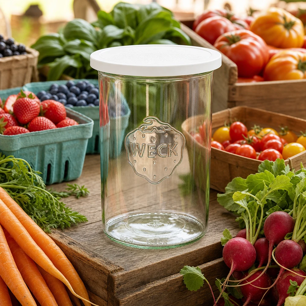 WECK bekers 1000ml RR100 met vers deksel tussen verse marktgroenten wortelen radijzen en bessen