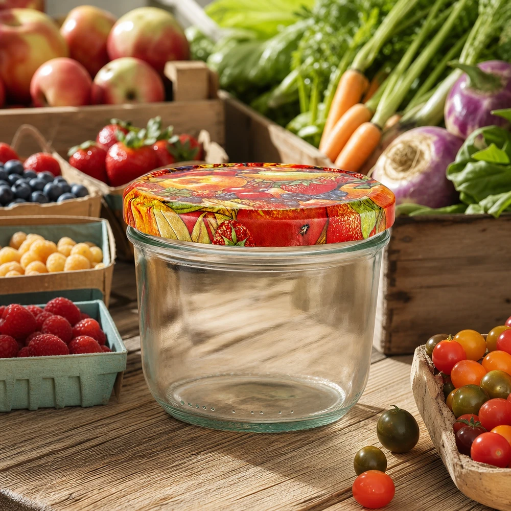 230ml bekers met BasicSeal deksel Fruit decor UNiTWIST 230 ml bekers met BasicSeal fruitdecor deksel op een houten tafel omringd door verse groenten en bessen uit de tuin