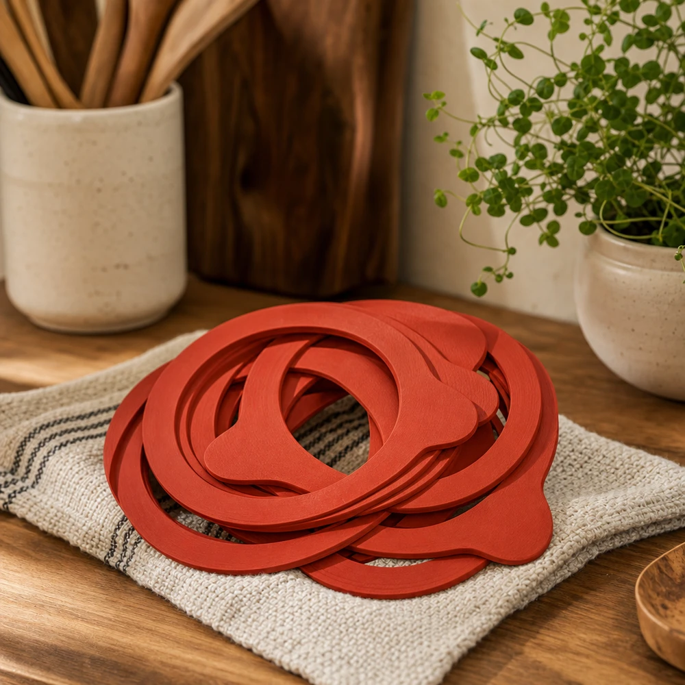 Weck-ring RR100 Rode RR100 kookringen van natuurlijk rubber op keukendoek in een gezellige keukenomgeving met houten keukengerei