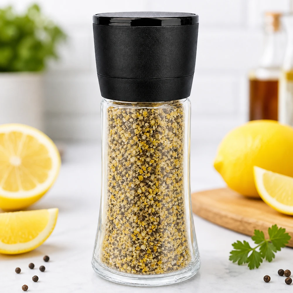 Zout-/kruidenpotje 95 ml met molen Vario zwart Kruidenmengsel met citroenpeper in een glazen molen van 95 ml met een zwart Vario-maalwerk op marmer