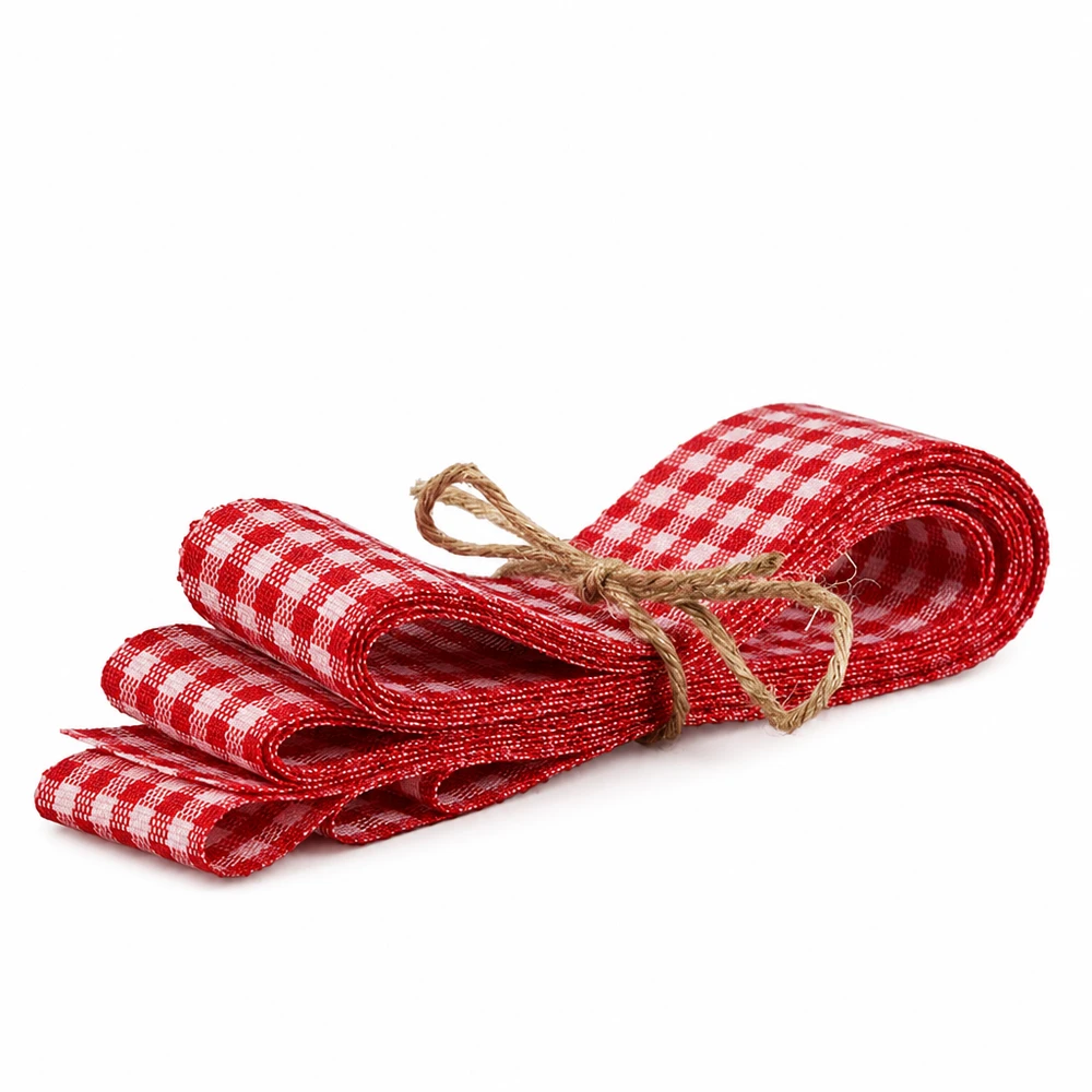 Stofband rood/wit voor decoratie, 300 cm Rood en wit geruit stoffen lint 300 cm decoratief lint met natuurlijke vezelstrik voor knutselen en decoreren