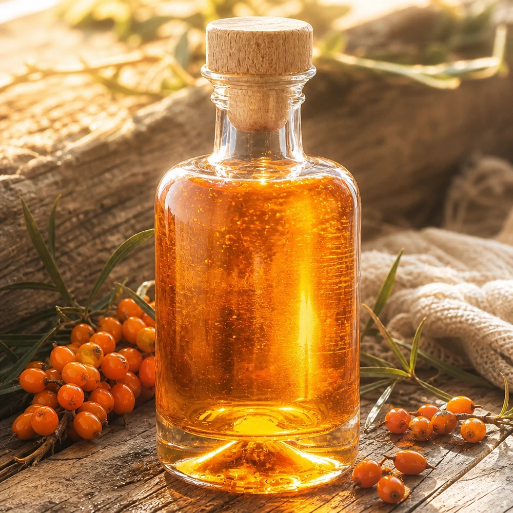 100ml glazen fles Sofia met houten kurk gevuld met duindoornolie naast oranje duindoornbessen natuurlijke decoratie