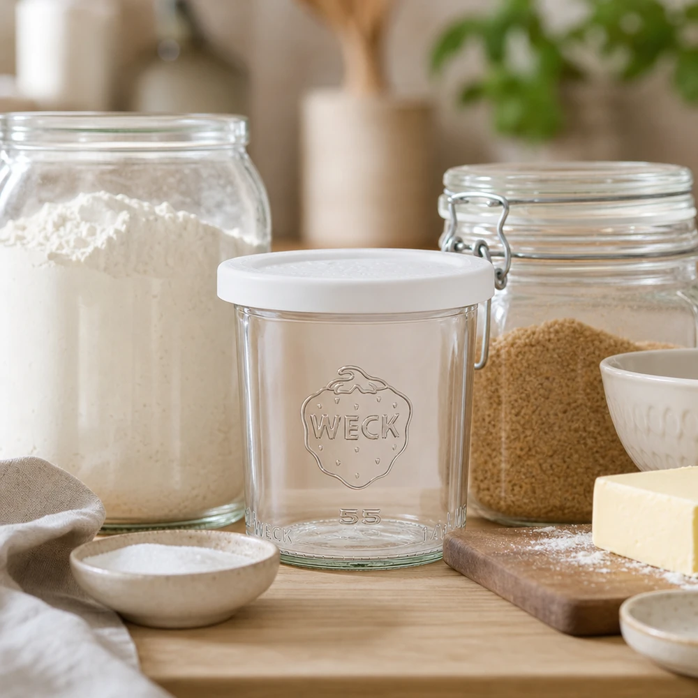 WECK RR60-pot van 140 ml met vershouddeksel WECK 140ml RR60 bekers in een natuurlijke keukensetting met bakingrediënten en houten plank als lifestyle shot