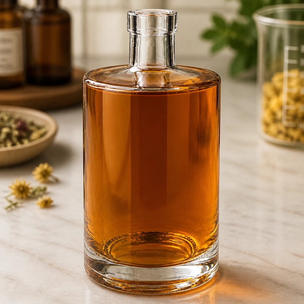 700 ml glazen fles Marie zonder sluiting UNiTWIST® 700 ml glazen fles Marie gevuld met amberkleurige vloeistof in een elegante sfeer met kruiden en apothekerspotjes
