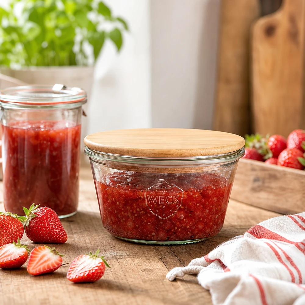 WECK inmaakpot 290ml RR100 gevuld met aardbeienjam, bamboe houten deksel, keukentafereel met verse aardbeien