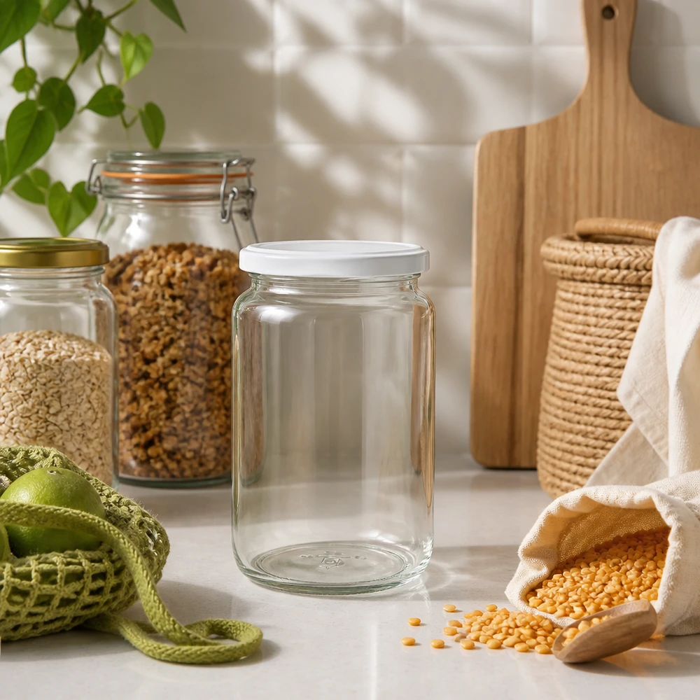 795ml rond glas met BasicSeal deksel wit UNiTWIST 795 ml ronde pot UNiTWIST in duurzame zero-waste keuken met peulvruchten en milieuvriendelijke opslagoplossingen