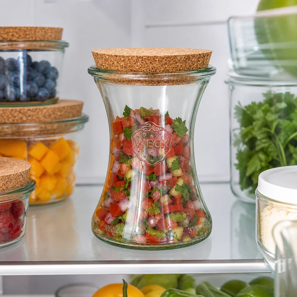 370ml delicatessenglas WECK RR80 met kurk WECK delicatessenpot 370ml RR80 met kurkdeksel gevuld met verse salsa in de koelkast naast andere voorraadpotten