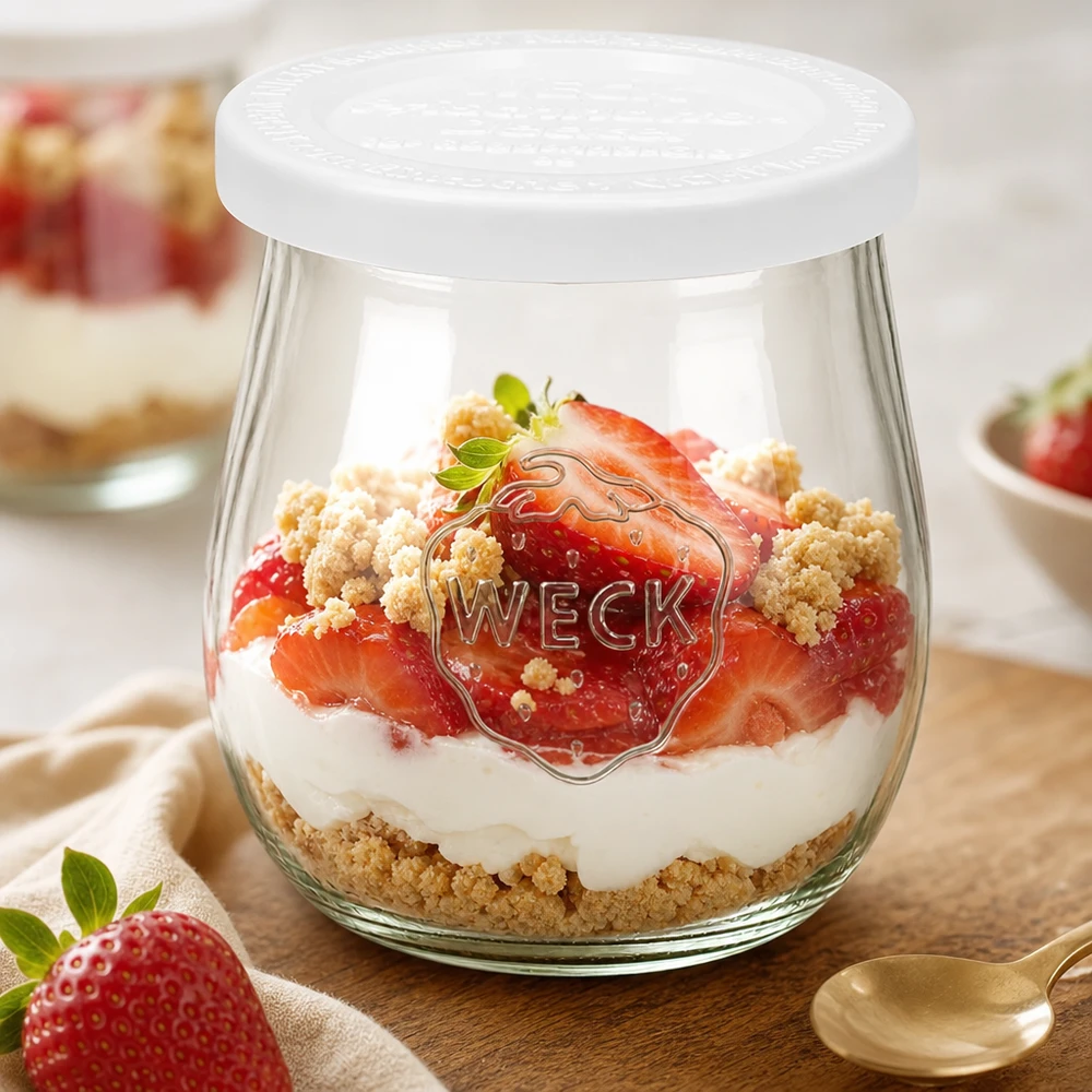 WECK tulp pot 220ml met vers deksel als dessert pot - Aardbei en room gelaagd dessert met crumble in RR60 pot