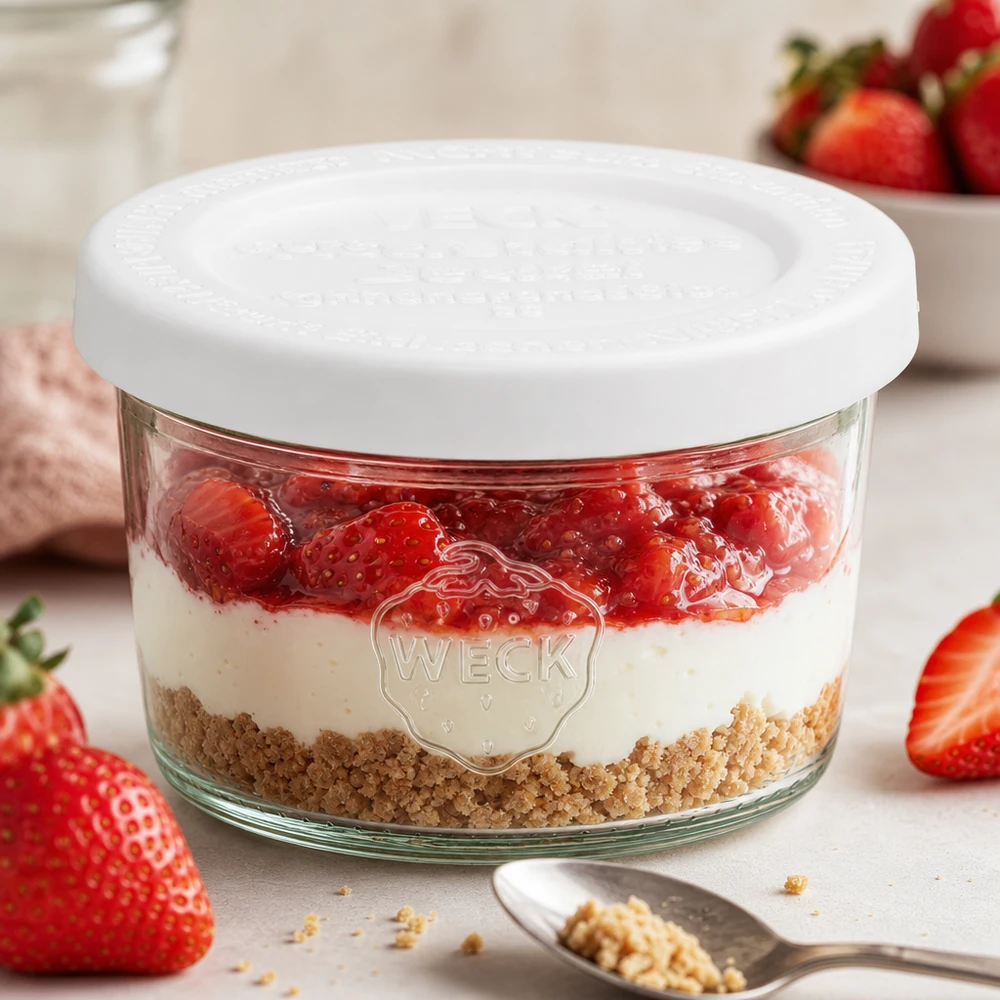 WECK RR60-pot van 80 ml met vershouddeksel WECK 80 ml bekers RR60 met aardbeiendessert en biscuitbodem als gelaagd dessert tussen verse aardbeien en lepel