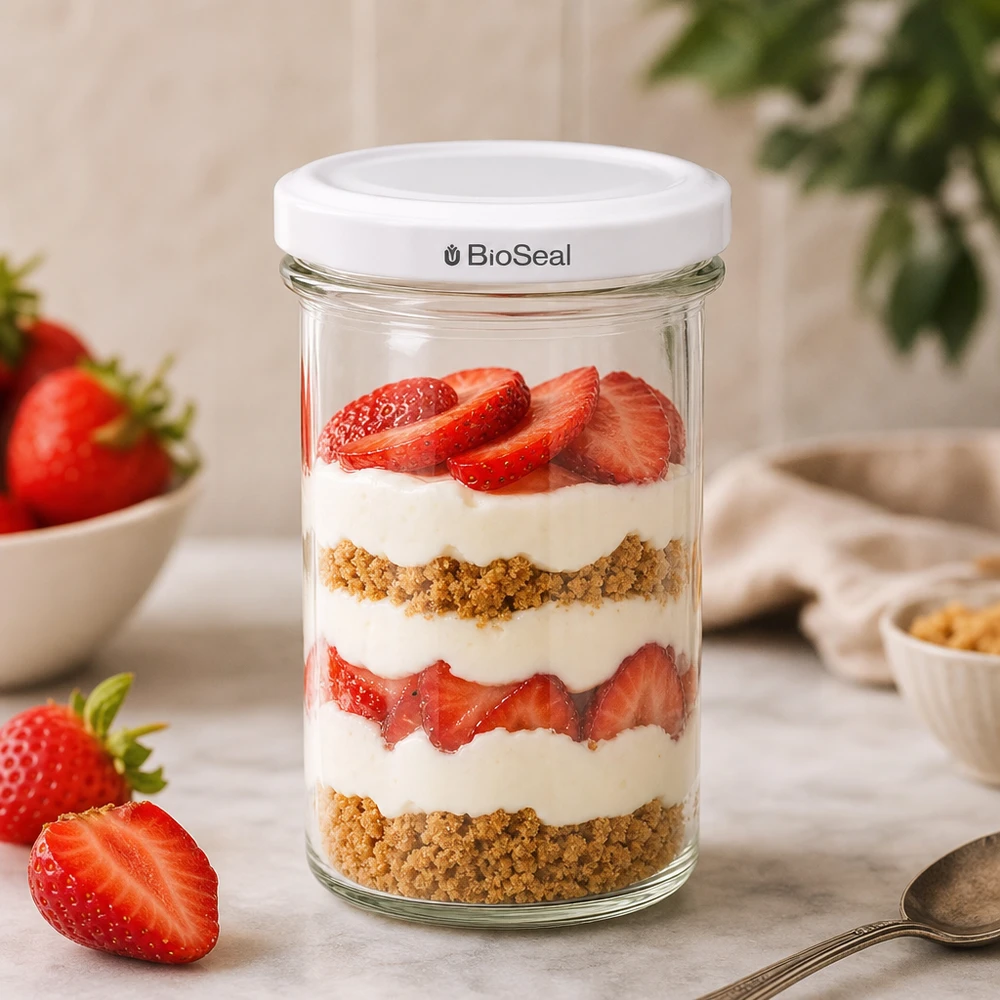 UNiTWIST Sturz230 pot TO66 BioSeal deksel Gelaagd dessert Aardbeien Yoghurt Granola Parfait Keuken klaar om te serveren