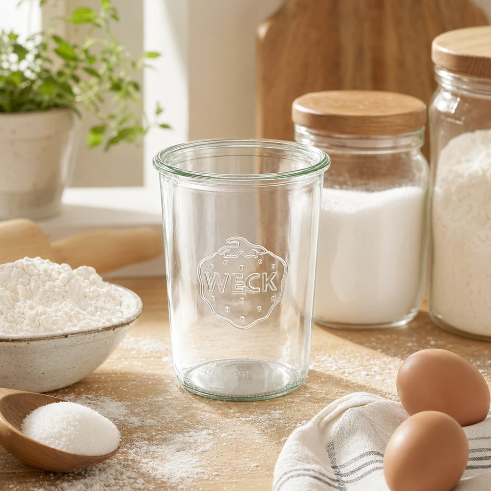 850ml stortglas WECK RR100 850ml WECK RR100 mason jar transparant met logo op houten tafel naast bloem, eieren en voorraadpotten