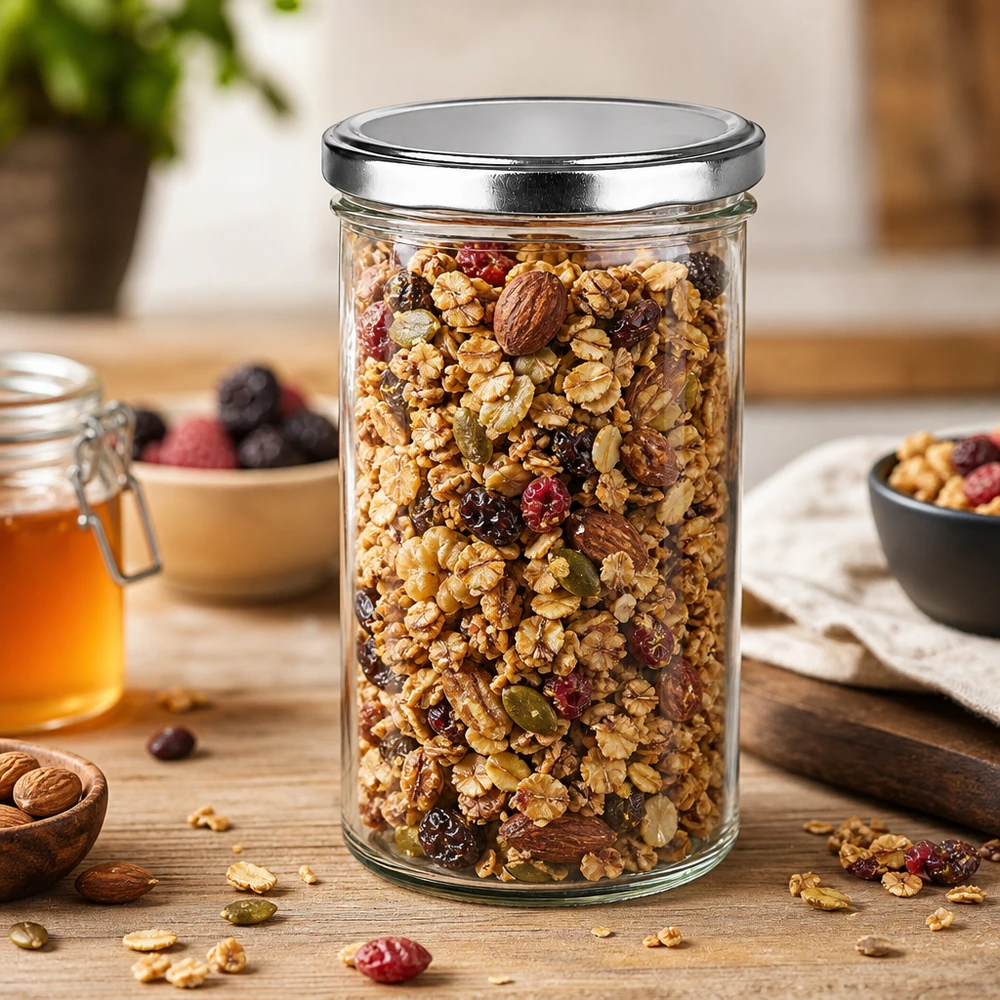 277ml bekers met BasicSeal deksel zilver UNiTWIST 277ml Sturzglas mit BasicSeal Deckel silber gefüllt mit Müsli und Nüssen auf Holztisch Vorratshaltung Küche