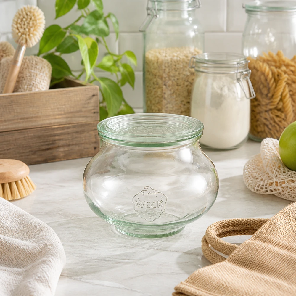 560 ml sierpot met glazen deksel WECK RR80 WECK juwelenpot 560ml RR80 in duurzame zero-waste keuken met natuurlijke materialen houten borstels en jute zakken