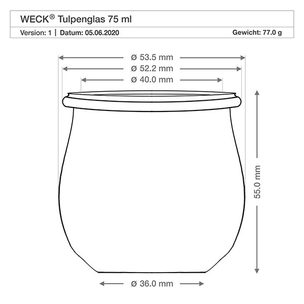 75ml tulpenglas compleet WECK RR40 Technische tekening WECK tulpenpot 75ml RR40 met afmetingen Diameter Hoogte Gewicht Productspecificatie