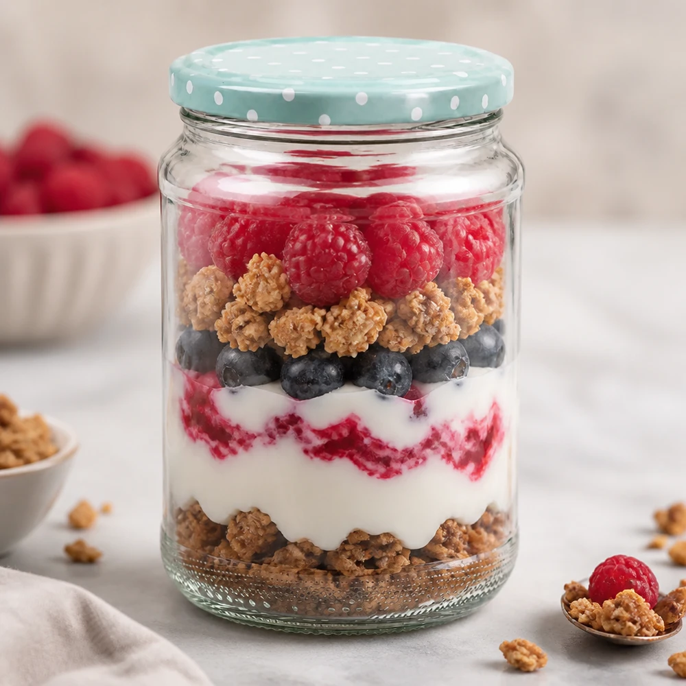Ronde pot van 375 ml + deksel BasicSeal mint lichtpuntjes UNiTWIST 375ml ronde pot gelaagd dessert yoghurt bessen muesli BasicSeal deksel mint stippen dessertpot parfait voorraadpot