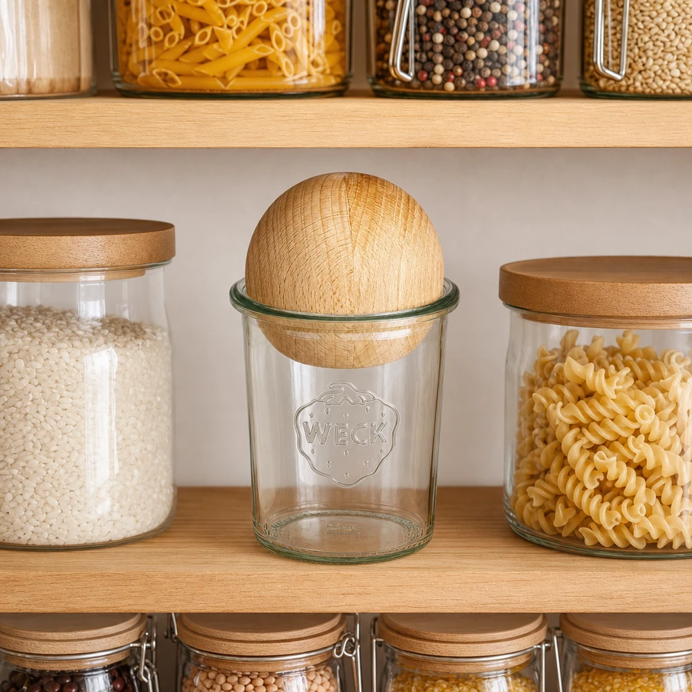 160ml stortglas WECK RR60 met houten bal WECK RR60 160ml mason jar met houten bal op keukenplank tussen voorraadpotten met pasta en ontbijtgranen
