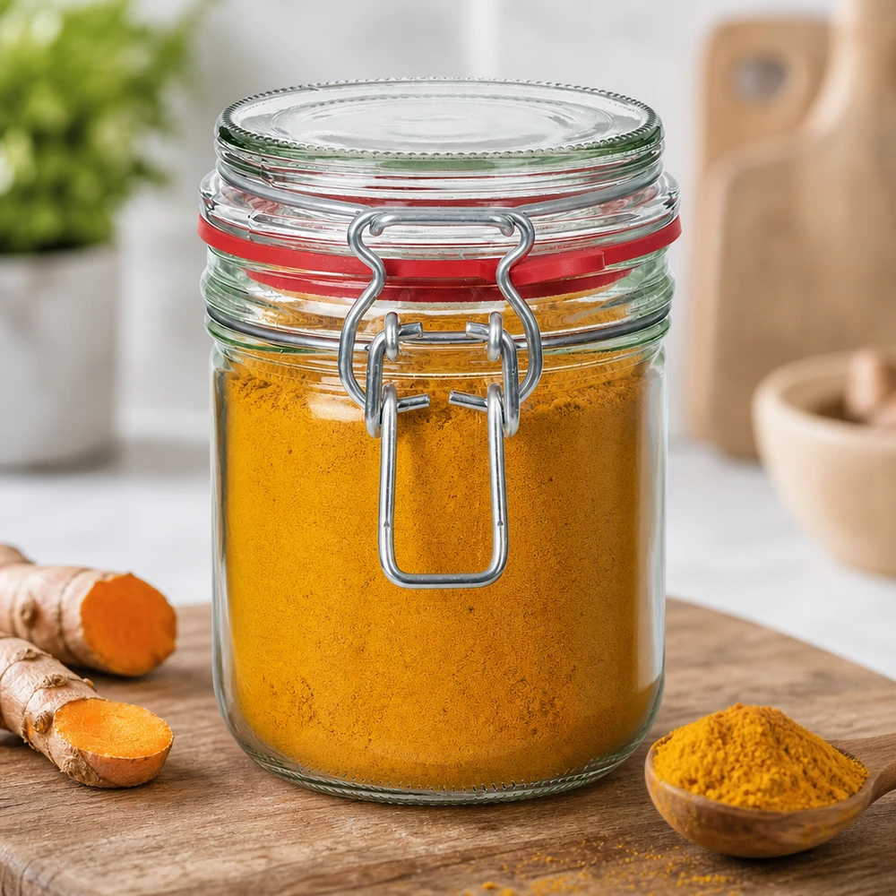 Kurkuma in 400 ml voorraadpotje met draaidop, perfect voor keukenkruiden en poeder