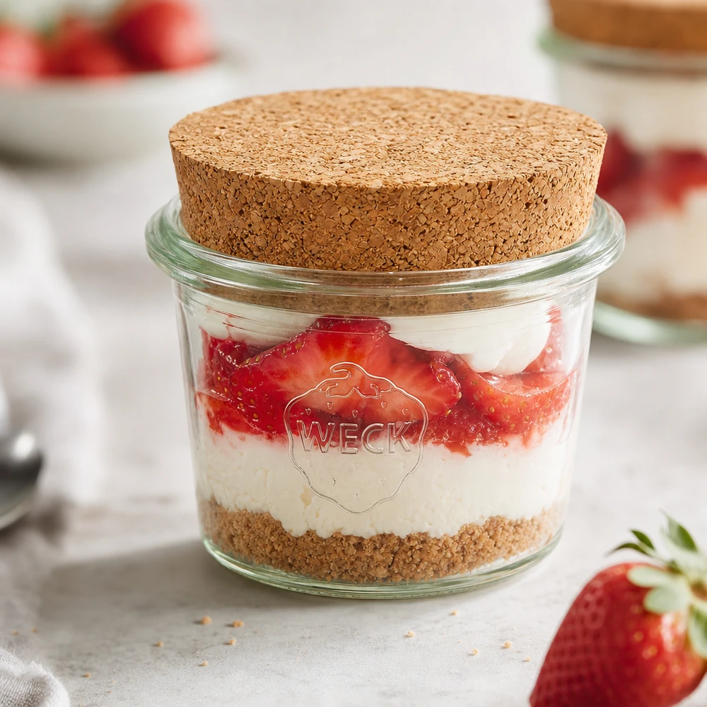 WECK RR40 35ml mason jar met kurk gevuld met aardbeienroom dessert als portiepot voor zoete desserts