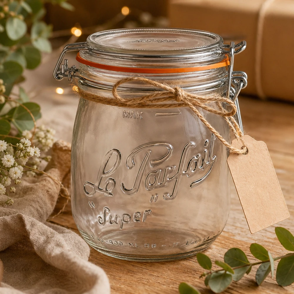 Le Parfait® pot 750 ml Ø85 mm voorraad 750ml Le Parfait voorraadpot Super met klapdeksel en cadeaulabel op houten tafel met decoratie