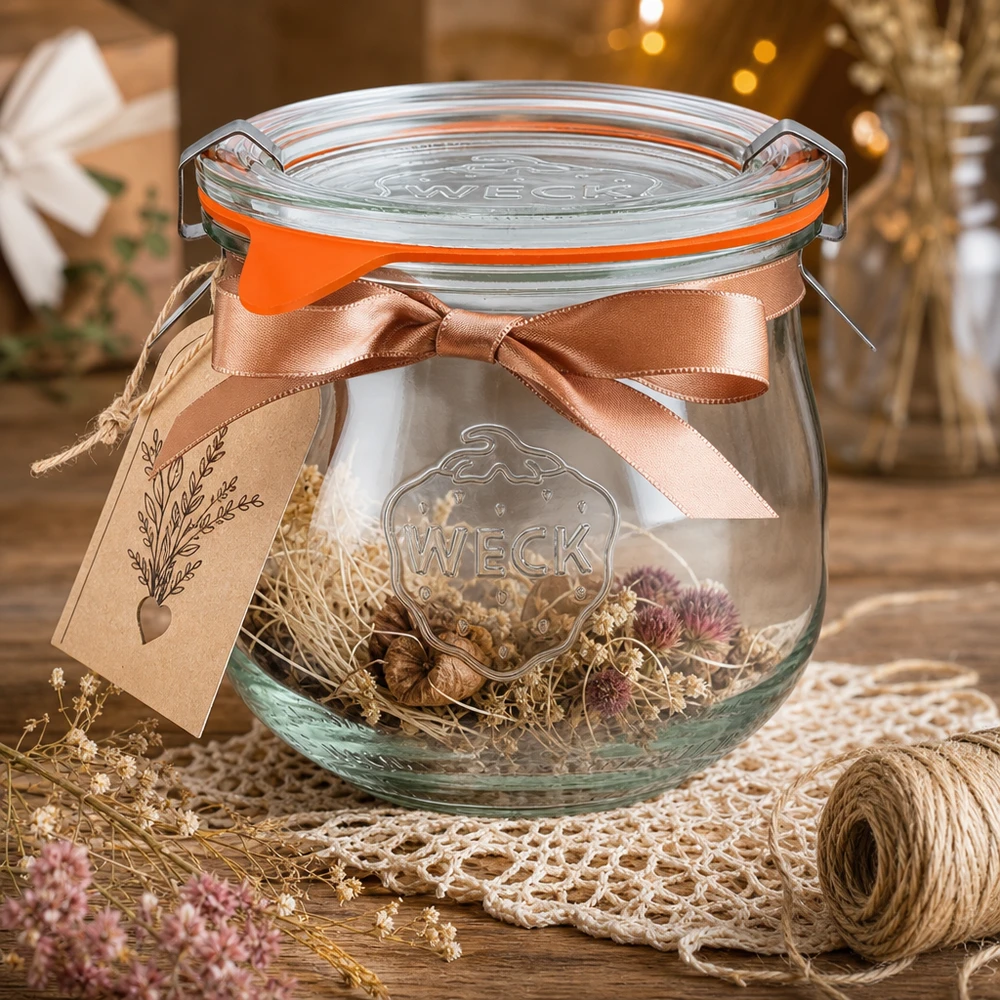 370ml tulpenglas compleet WECK RR80 WECK tulpenpot 370ml RR80 decoratief gerangschikt met gedroogde bloemen satijnen lint en cadeaulabel als een knutselidee