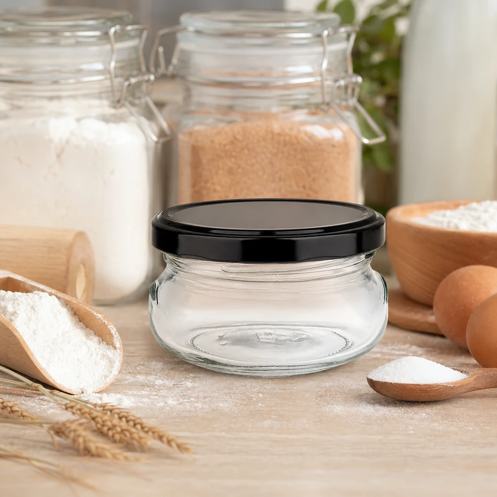 120ml terrine met BasicSeal deksel zwart UNiTWIST 120ml terrine potje met zwart deksel in bakkeuken met bloem, eieren en ingrediënten voor bakken en bewaren