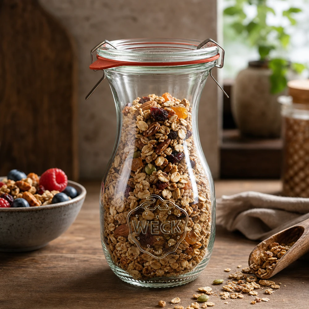 290 ml sapfles, compleet WECK RR60 WECK sapfles 290ml RR60 gevuld met muesli en gedroogd fruit voor voedselopslag