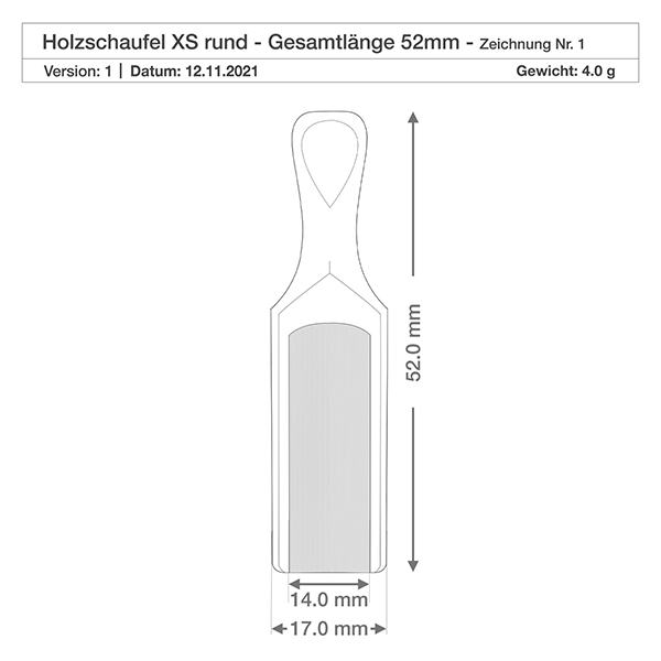 Houten schep maat XS halfronde vorm - 52mm lang Technische tekening van de houten schep XS met afmetingen 52mm totale lengte en 17mm breedte