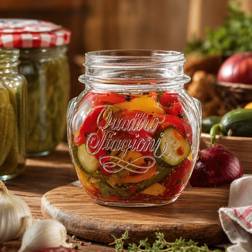 300 ml Quattro Stagioni inmaakpot met ingemaakte groenten op een houten plank in een rustieke keuken