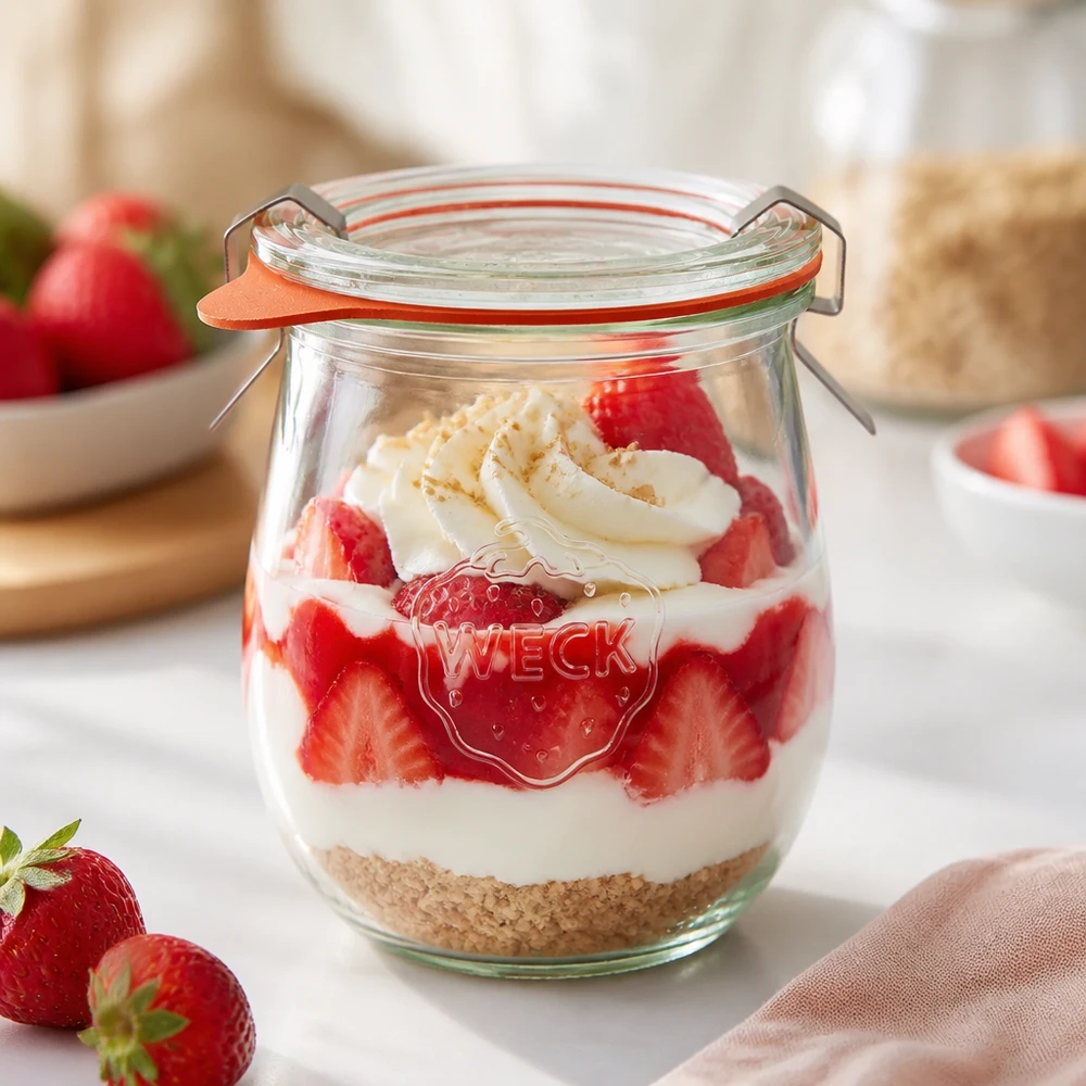 WECK tulp pot 220ml RR60 met aardbeien dessert gelaagde yoghurt en biscuit basis gebruikt als dessert pot